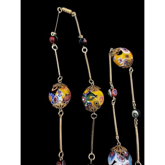 Venetian Murano Millefiori Art Glass Bead Necklace Bar Link Stations 40" Opera - Picture 4 of 16